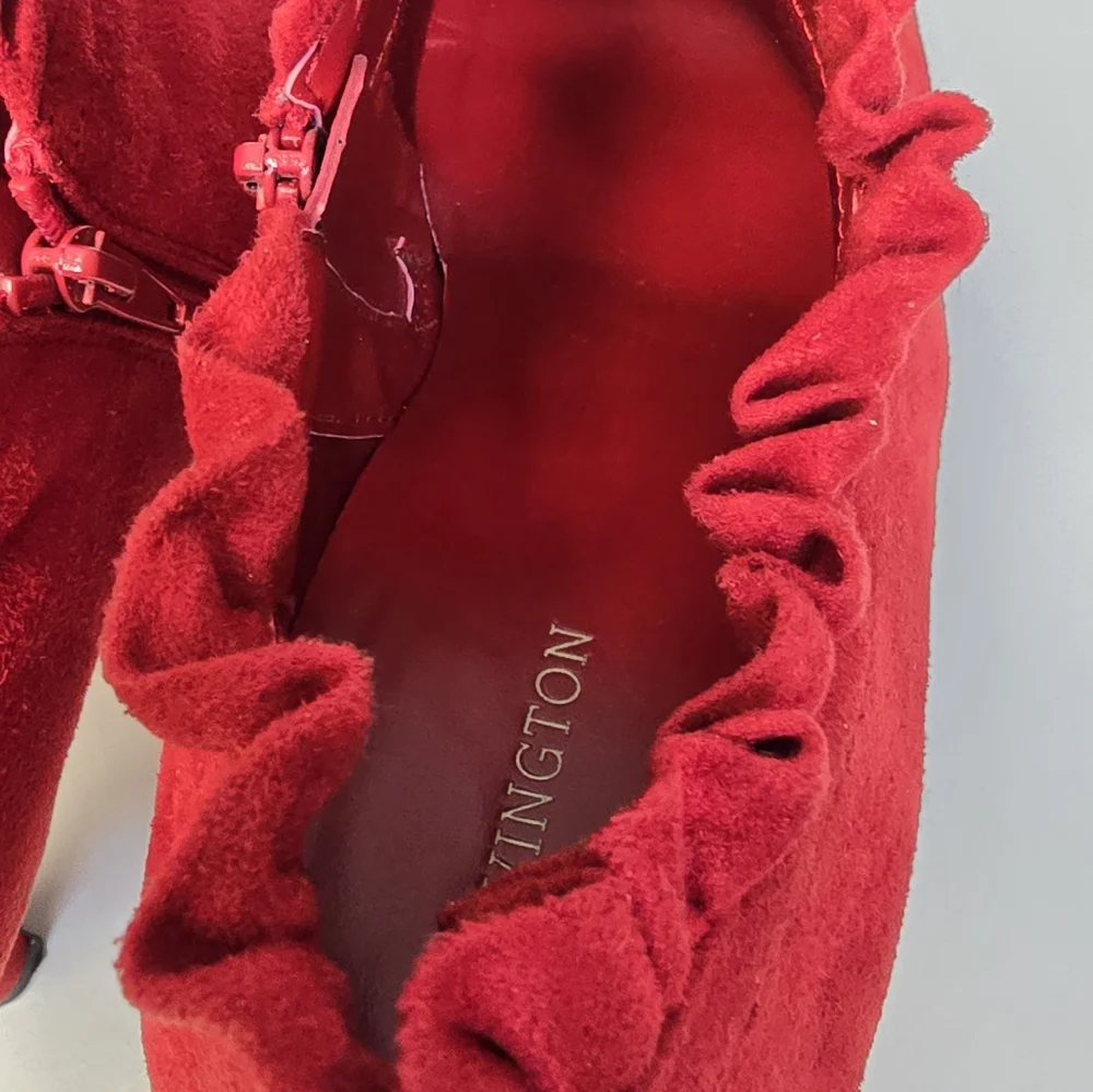 Red Ruffled Top Ankle Boots - Picture 2 of 5